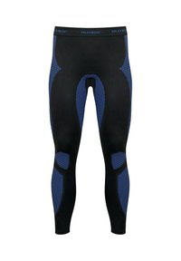 Schwarze Leggings mit strukturierten blauen Akzenten, die ein figurbetontes Design und atmungsaktive Einsätze an den Seiten für verbesserten Komfort bieten.