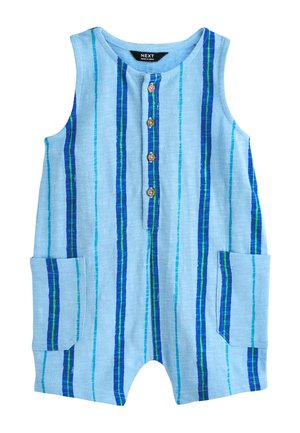Blauer ärmelloser Baby-Strampler mit vertikalen marineblauen und türkisfarbenen Streifen, vordere Knopfleiste und zwei Seitentaschen.