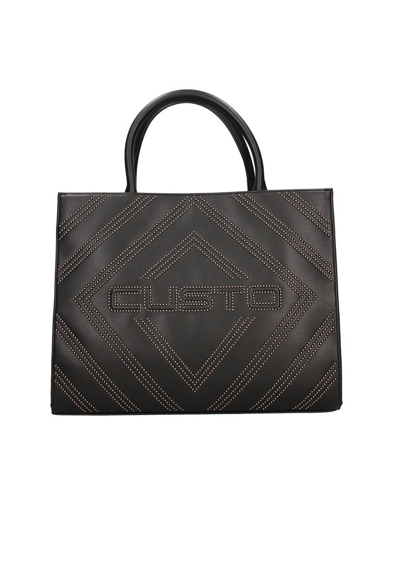Sac fourre-tout en cuir noir avec un motif en losange, des accents cloutés et le logo "CUSTO" embossé à l'avant ; deux poignées.