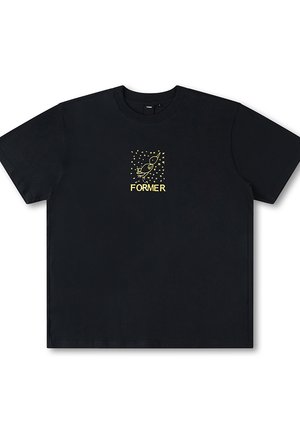 Black cotton t-shirt featuring a gold graphic design with a rocket and stars. Short sleeves, crew neck, relaxed fit, and durable fabric.