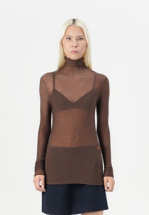Brown, sheer, long-sleeve turtleneck top with a fitted design, paired with a matching bra. The fabric appears lightweight with subtle texture.