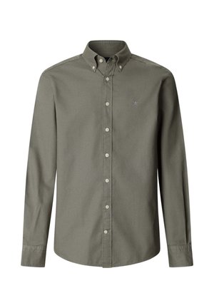 Long-sleeve olive green button-up shirt with button-down collar and small embroidered logo on the left chest.