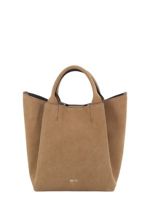 Brown suede handbag with two handles and a structured shape, featuring a small gold "abro" logo near the bottom center.