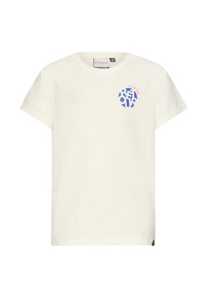 T-shirt in cotone crema, maniche corte, colletto tondo. Presenta un logo grafico blu e rosa sul petto. Etichetta visibile sull'orlo.
