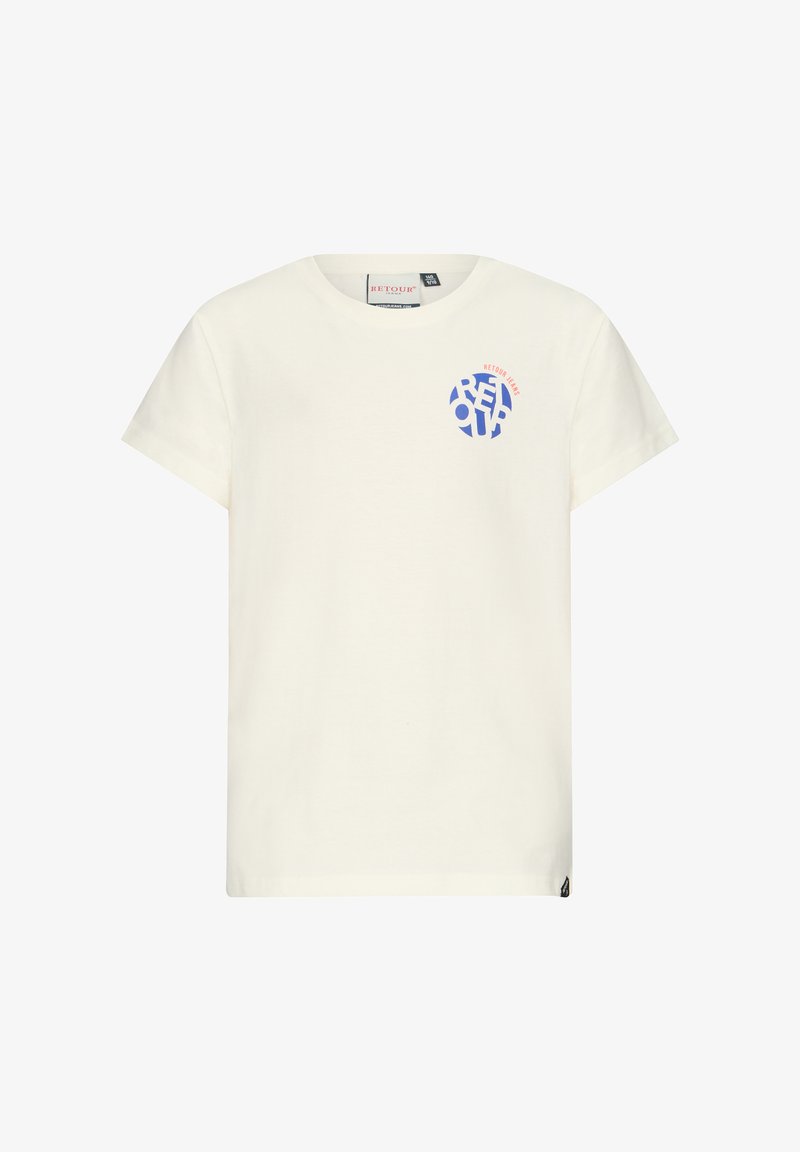 Kremowy bawełniany t-shirt, krótki rękaw, okrągły dekolt. Posiada niebiesko-różowy graficzny logo na piersi. Metka widoczna u dołu.