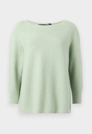 Light green, ribbed knit sweater with a wide neckline and three-quarter sleeves. Features a relaxed fit and smooth texture.