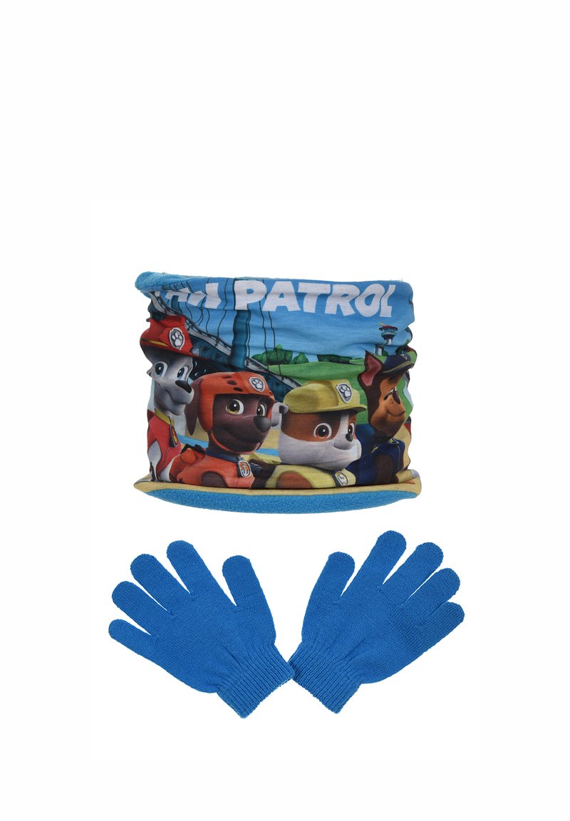 Ensemble en polaire bleu comprenant un cache-cou décoré des personnages de "Paw Patrol" et des gants tricotés bleus assortis avec un design à cinq doigts.