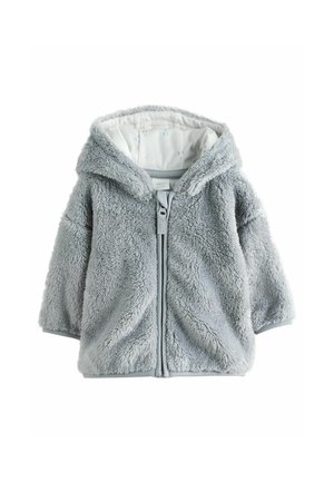 Graue Fleecejacke mit Kapuze, Reißverschluss und kurzen Ärmeln. Sie verfügt über ein weiches, strukturiertes Äußeres und ein gemustertes Futter. Leicht und gemütlich.