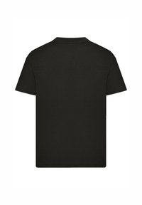 Schwarzes, kurzes T-Shirt mit Rundhalsausschnitt, von hinten auf weißem Hintergrund gezeigt.