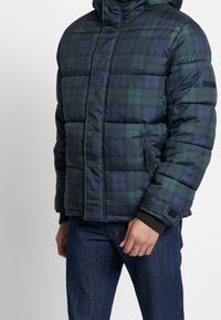 En person klädd i en grön och marinblå rutad puffjacka, med händerna vid sidorna, står mot en neutral bakgrund.