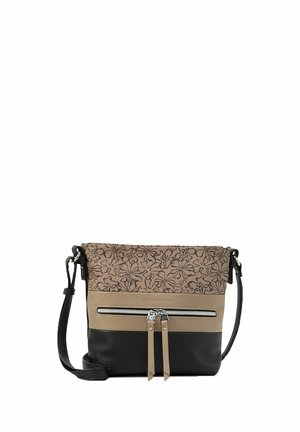 Crossbodytas met verstelbare zwarte band, met beige en zwarte kleurvlakken en bloemmotief in lijntekening bovenaan met een voorvak met rits.