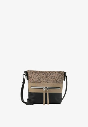 Crossbodytas met verstelbare zwarte band, met beige en zwarte kleurvlakken en bloemmotief in lijntekening bovenaan met een voorvak met rits.