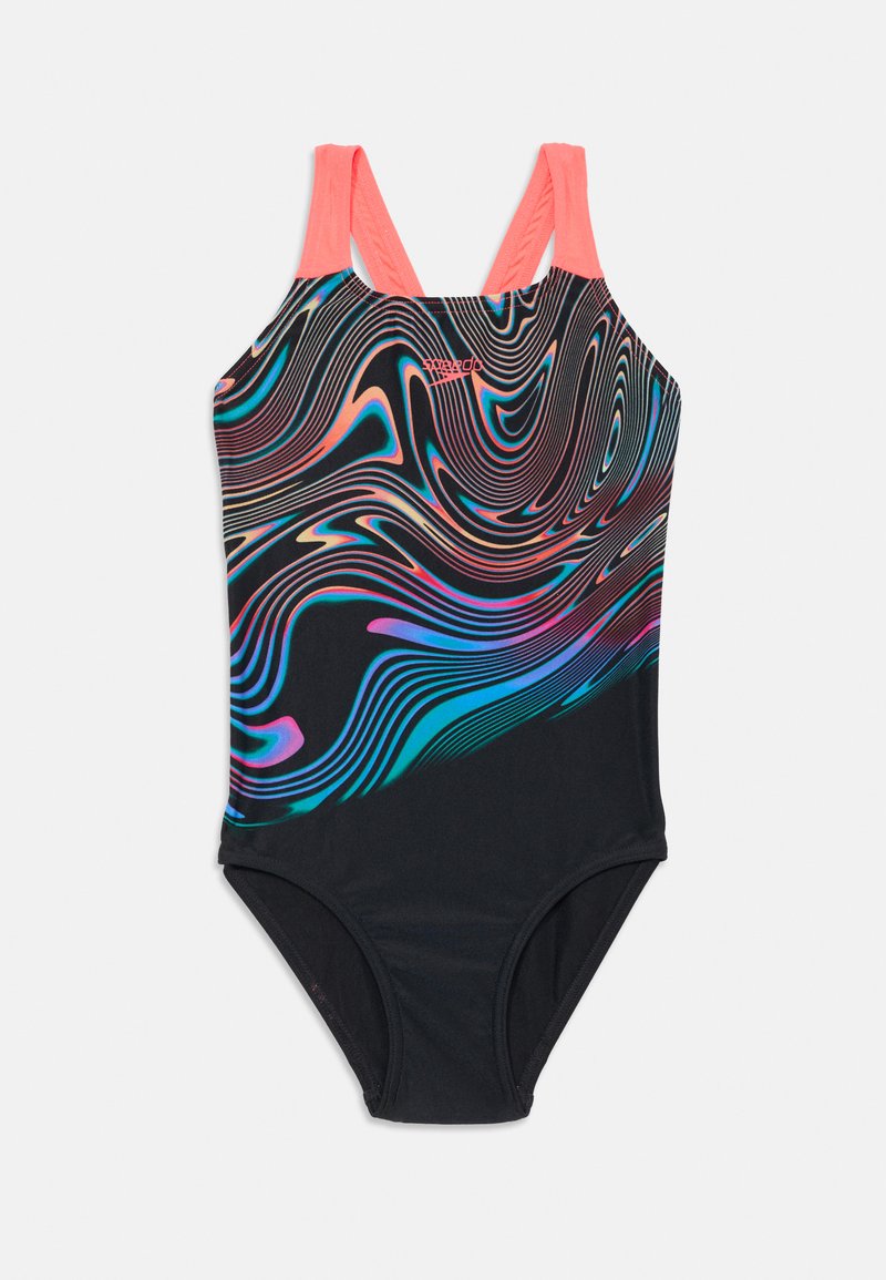 Maillot de bain une pièce avec un corps noir, orné de motifs de vagues multicolores, des bretelles roses et un design sportif. Fabriqué en tissu extensible et lisse.