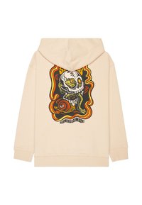 Cremefarbener Hoodie mit großem, farbenfrohem und stilisiertem Kreatur-Design auf dem Rücken. Weiche Textur, Kängurutasche.