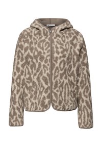 Fleecefutter-Kapuzenpullover in Beige mit braunem Tierdruck, mit durchgehendem Reißverschluss, normaler Passform und weicher, strukturierter Oberfläche.