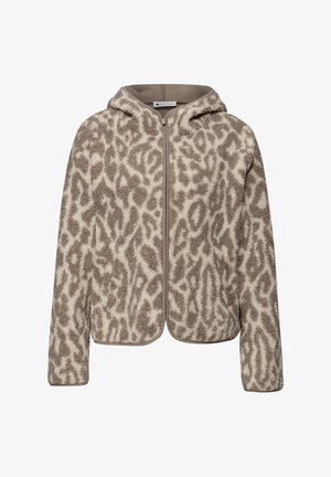 Beige fleece-gevoerde hoodie met bruin dierenprint, voorzien van een ritssluiting aan de voorkant, standaard pasvorm en een zachte, textuurrijke oppervlakte.