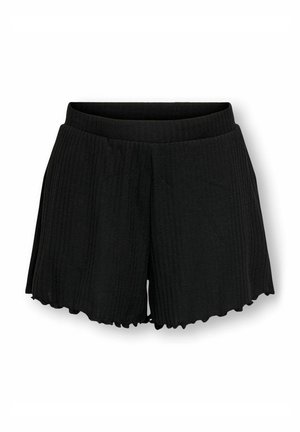 Black ribbed knit shorts with elastic waistband and ruffled hem, designed for casual wear.