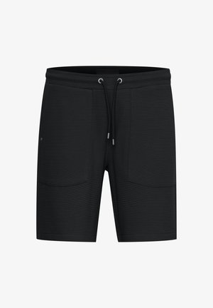 Čierne šortky vyrobené z textúrovanej látky, s elastickým pásom s nastaviteľnou šnúrkou a dvoma prednými vreckami.