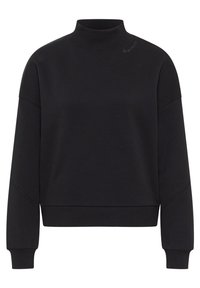 Musta collegetakki korkealla kauluksella, väljällä istuvuudella ja laskostetuilla harteilla. Resorit hihansuissa ja helmassa, kauluksessa hienovarainen kirjailudetaili.