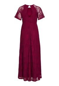 Φόρεμα βραδινό μπορντό με δαντέλα, κοντά μανίκια, άνοιγμα πλάτης σε σχήμα κλειδιού και φούστα μέχρι το πάτωμα.