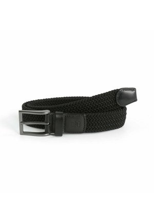 Black woven fabric belt with metal buckle and leather accents, coiled on a white background.