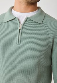Light green zippered sweater with a collared neckline, ribbed texture, and contrasting white inner shirt. Features a silver zipper accent.