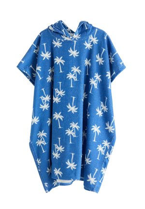 Blå hætteponcho med hvide palmemønstre, korte ærmer og en løs, behagelig pasform.