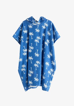 Niebieski poncho z kapturem, ozdobiony białymi wzorami palm, krótkie rękawy i luźny, wygodny krój.