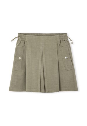Khaki linnen rok met een elastische tailleband, twee zijzakken en een geplooid design. Bevat metalen accenten op de zakflappen.