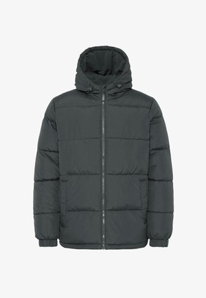 Chaqueta de invierno negra acolchada con capucha, con costuras horizontales, cierre de cremallera, puños elásticos y dos bolsillos laterales.