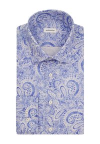 Chemise à manches longues pliée avec un motif floral paisley bleu et blanc et des boutons blancs, dotée d'un col à revers.