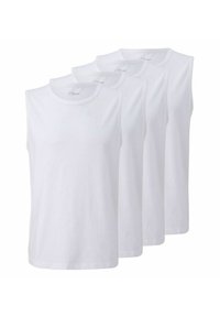 Four white sleeveless t-shirts made of smooth cotton, featuring a round neck and a straight hem. Simple design with no patterns or graphics.