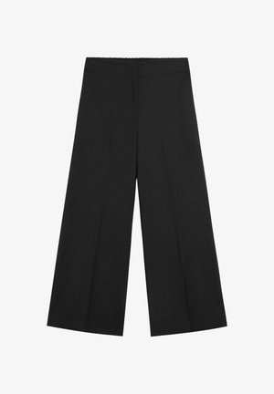 Pantaloni neri a gamba larga con elastico in vita. Realizzati in tessuto leggero, con una trama liscia e un design pulito e minimalista.