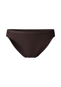 Slip bikini marrone realizzato in un tessuto morbido, con una vita a contrasto. Design semplice senza motivi o decorazioni.