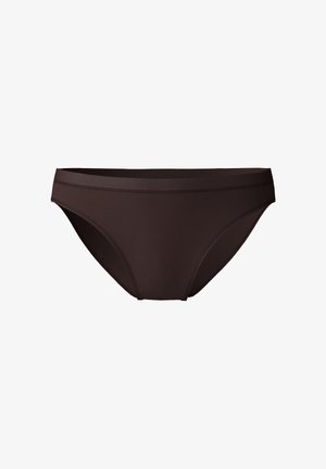 Bruine bikini-slip van gladde stof, met een contrasterende tailleband. Eenvoudig ontwerp zonder patronen of versieringen.