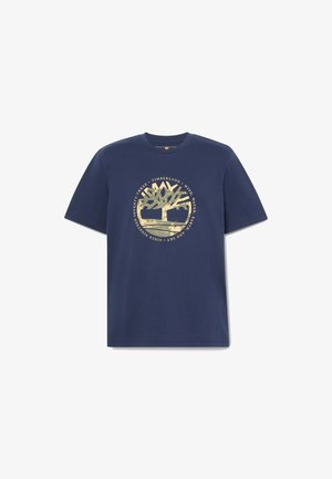 Marineblå bomulds-T-shirt med korte ærmer, der har et gyldent cirkulært logodesign med et træ og mærketekst rundt om det.