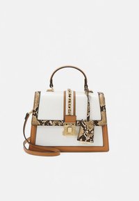 Structured handbag in white textured material with faux snake print accents. Features a brown trim, gold hardware, and detachable tag.