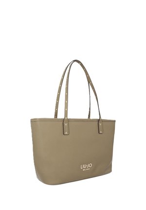 Bolso tote de piel beige con dos asas largas y el logo "Liu Jo Milano" en letras doradas en la parte frontal.