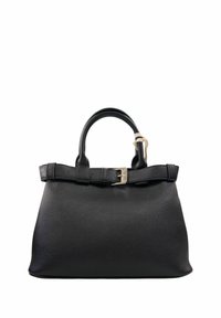 Borsa a mano nera in pelle con design strutturato, superficie testurizzata, manici superiori e una fascia decorativa con fibbia.