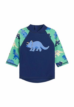 Børne svømmet-shirt, navy krop med blå dinosaur-applikation, lysegrønne ærmer med forskellige dinosaur-mønstre, lange ærmer, blødt stof.