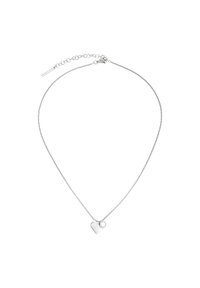 Zilveren ketting met een kleine hartvormige hanger en een cirkelvormige accent, met een delicate textuur en verstelbare lengte.