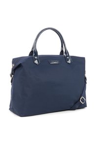 Sac fourre-tout bleu marine en tissu lisse et durable, avec des poignées en cuir verni et des accents en métal argenté. Il dispose d'une fermeture éclair.