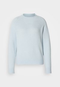 Pull tricoté bleu clair à manches longues, col rond, poignets et ourlet côtelés, présenté sur un fond uni.