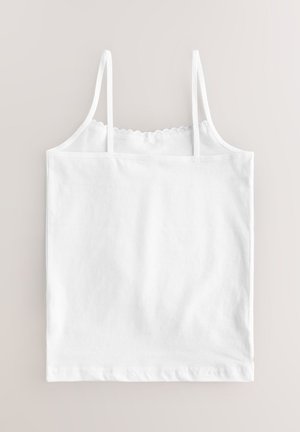 Top canottiera bianco realizzato in morbido cotone. Presenta spalline sottili e un bordo di pizzo ondulato lungo la scollatura. Tessuto liscio, senza motivi.