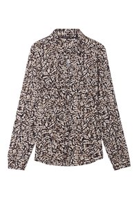 Camicia a maniche lunghe con un motivo astratto marrone e crema. Presenta un colletto, chiusura con bottoni e due tasche frontali. Tessuto dalla consistenza morbida.