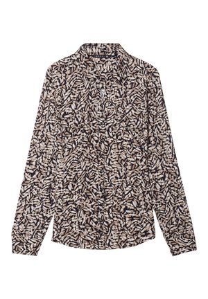 Chemise à manches longues avec un motif abstrait marron et crème. Dotée d'un col, d'une fermeture à boutons et de deux poches avant. Texture de tissu douce.