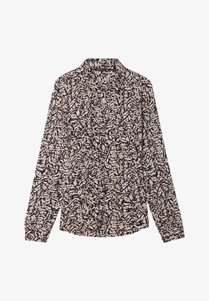 Chemise à manches longues avec un motif abstrait marron et crème. Dotée d'un col, d'une fermeture à boutons et de deux poches avant. Texture de tissu douce.