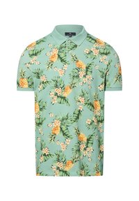 Grünes kurzärmeliges Polohemd mit einem Ananas- und Blumenmuster in Gelb und Weiß, mit strukturiertem Kragen und einer Drei-Knopf-Leiste.