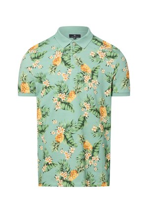Grünes kurzärmeliges Polohemd mit einem Ananas- und Blumenmuster in Gelb und Weiß, mit strukturiertem Kragen und einer Drei-Knopf-Leiste.