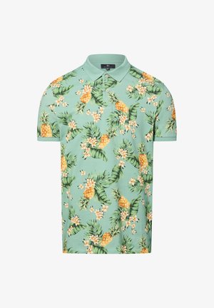 Grünes kurzärmeliges Polohemd mit einem Ananas- und Blumenmuster in Gelb und Weiß, mit strukturiertem Kragen und einer Drei-Knopf-Leiste.